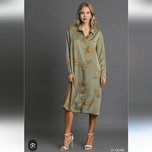 EUC JON & ANNA OLIVE CHEETAH PRINT SILKY MIDI SHIRT DRESS SZ XL